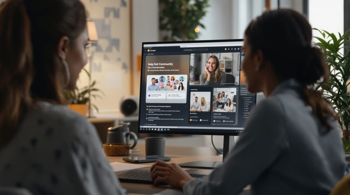 Customer support workspace with a branded help community open on screen, illustrating self-service and customer